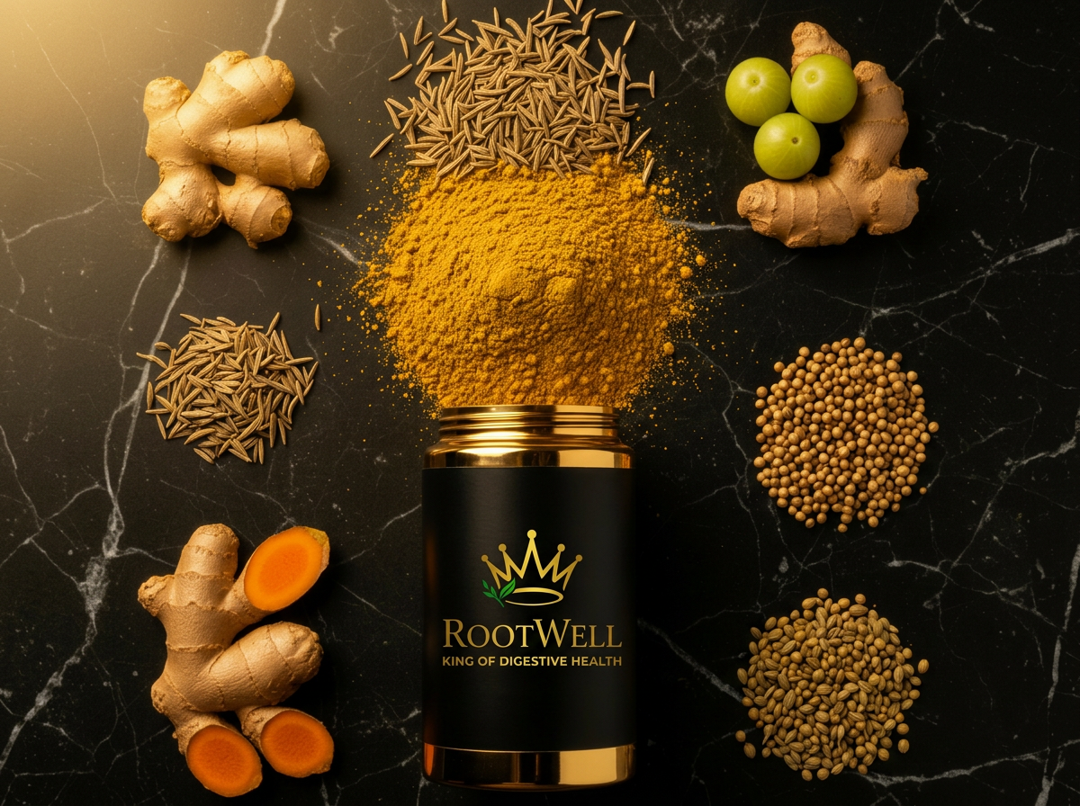 RootWell premium Ayurvedic ingredients: Jeera (Cumin), Ajwain (Carom Seeds), Sauf (Fennel Seeds), and Himalayan Salt